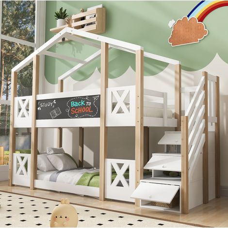 Letto a Castello 90x200 cm con Struttura in Legno Colore Bianco e Naturale (1/5)