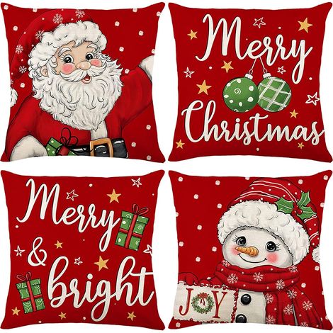 Fundas de cojín decorativas rojas vintage con diseño de muñeco de nieve y Papá Noel (45 x 45 cm). Juego de 4 adornos navideños para sofá y cojines. (1/5)