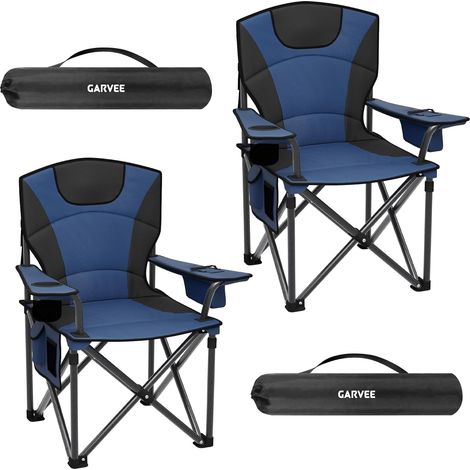 Lot de 2 Chaise De Camping XXL 200 kg, Assise 64 cm, Dossier Rembourré, Accoudoirs Réglables, Porte-gobelet, Sac de Transport, Bleu (1/5)