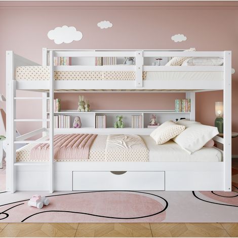 Letto a castello moderno 90x200 cm in pino e MDF bianco, con cassetto e vani portaoggetti laterali (1/5)