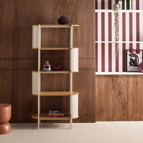 Etagère bibliothèque métal courbé et décor bois 5 niveaux beige - Molto