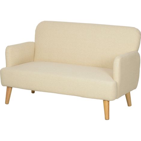 Velvet Feel Fabric 2 Seater Sofa, Small Sofa Loveseat with 21cm Thick Padding Wood Legs, Cream White (1/5)