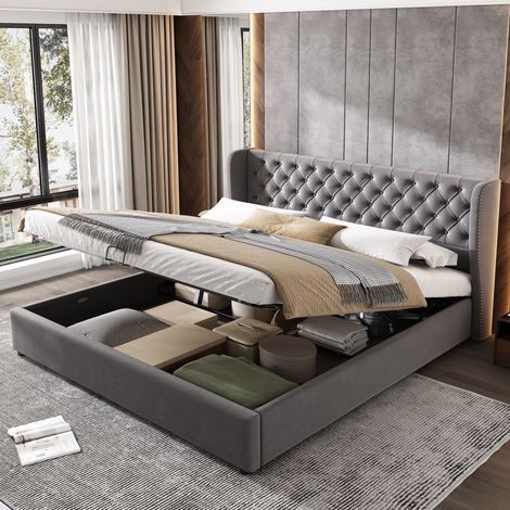 MEUBLIV Lit 160x200 cm gris – tête de lit capitonnée, rangement hydraulique, sans matelas (1/5)