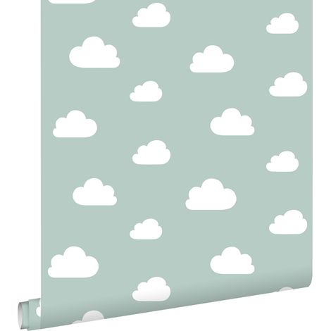 papier peint petits nuages vert menthe grisé - ESTAhome (1/5)