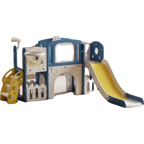 Scivolo per bambini, canestro da basket, lavagna, giallo e blu (1/2)