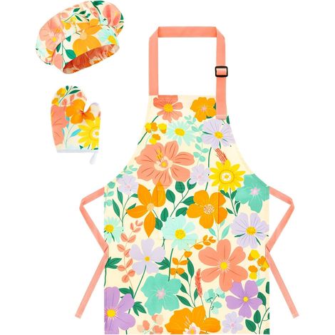 Fleurs Tablier Ensemble pour Filles - Imperméables Tablier de Cuisine Enfants Réglable avec Chapeau, Gant de Cuisine pour Enfant Peinture Jardinage (Très Petit,2-5 Ans) (1/5)