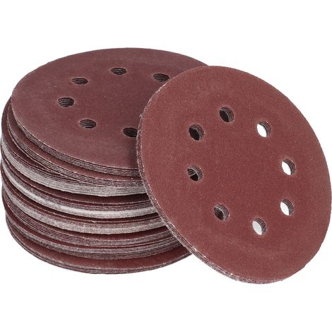 125 disques de papier de verre à 8 trous de 5 pouces, feuilles de papier de verre brossé de 5 pouces, feuilles de papier de verre floqué abrasif à l'air. (1/5)