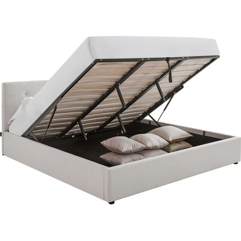 Lit coffre adulte 180x200 cm avec tête de lit matelassée en tissu beige et sommier - Tina (1/5)