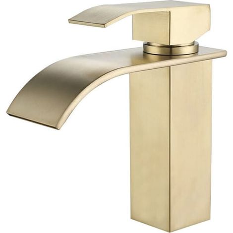Robinet Mitigeur Lavabo Design Cascade Doré, Mélangeur Eau Chaude Froide pour Salle de Bain Moderne, Débit Réglable, Finition Or Brossé (1/4)
