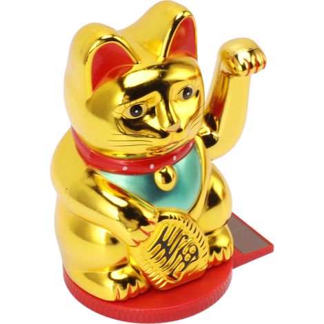 Chat porte-bonheur à secouer, 10 cm, en plastique, à énergie solaire, avec détection de lumière et base rotative, pour la maison et l'hôtel, doré (1/5)