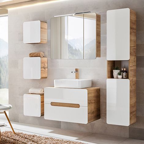 Badezimmer Komplett Set 6-tlg in Hochglanz weiß mit Wotan Eiche Nb. LUTON-56 mit Keramik Aufsatzbecken, B/H/T CA: 180/200/46 cm (1/5)