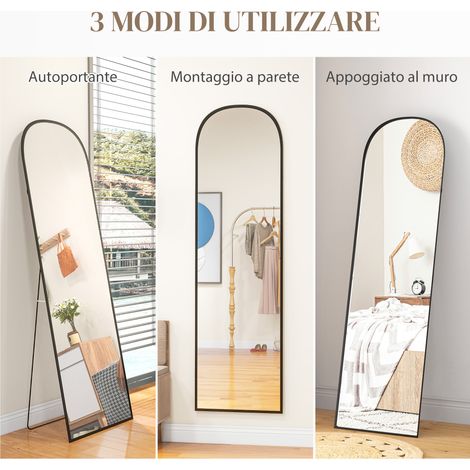 Miroir mural sol moderne en aluminium pliable, design noir 50x170 cm, pied rabattable inclus