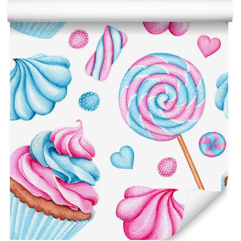 Papier peint à motifs de cupcakes et de sucettes colorées pour salon et chambre 50x1000 cm (1/5)