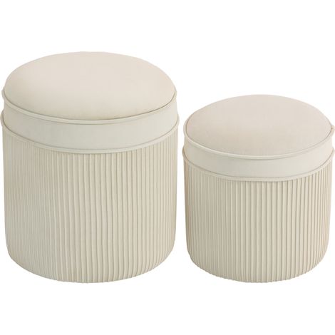 Lot de 2 poufs velours de rangement, repose-pieds ronds gigognes crème, couvercle amovible, Ø 36 et Ø 32 cm (1/5)