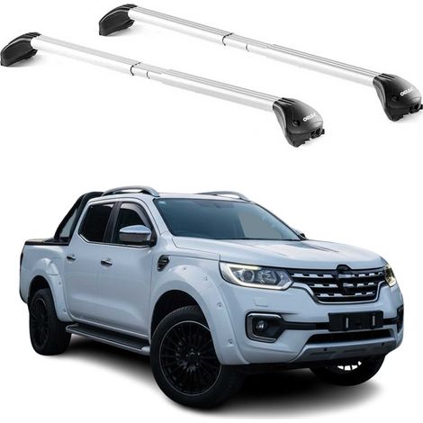OMAC Barres de toit transversales certifiées TÜV pour Renault Alaskan 2017-2021 – Verrouillables (4 antivols) – Charge max 100 kg – Sangle inox + protection caoutchouc Argent (1/5)