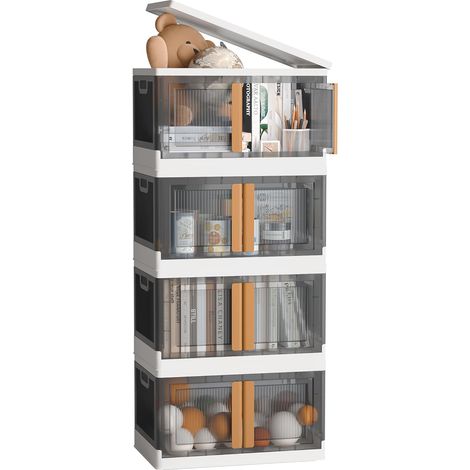 4x 94L Empilable Boîte de Rangement avec Couvercle et Verrouillable Porte, Pliable Bac de Rangement Plastique avec Roulettes, Grande Caisse Rangement Organisateur pour Cuisine, Salon et Chambre (1/5)
