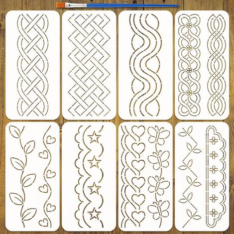 8pcs Pochoirs de Matelassage avec 1pcs Pinceau 30x15cm Pochoirs Sashiko Modèle Patchwork Couture Plastique Gabarit Motif Géométrique Sashiko pour Couture Matelassage Main et Broderie (1/5)