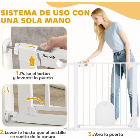 Barrière de sécurité pour chiens de 75 à 103 cm pour escaliers et portes. avec 2 extensions. fermeture automatique et double verrouillage. blanche. (1/5)