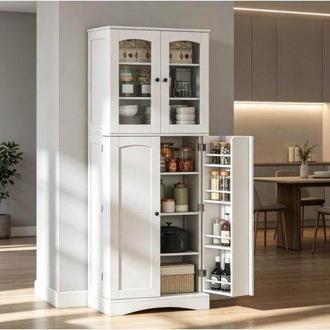 Buffet de cuisine 60x40x162 cm MDF blanc avec vitrines et rangements, gain de place – MEUBLIV (1/5)