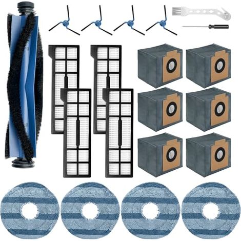 Kit de 21 piezas de repuesto compatible con aspiradora Eufy X10 Pro Omni, que incluye 1 cepillo principal, 4 cepillos laterales, 4 filtros HEPA, 4 mopas de tela, 6 bolsas de aspiradora, 1 cepillo de l
