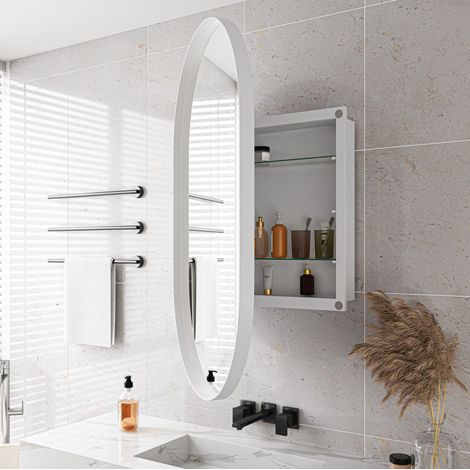 Meuble miroir ovale mural ou à encastrer 85 x 51,5 x 12 cm, métal blanc HAVRYA (1/5)
