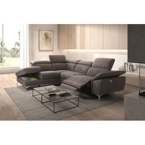 Pegane – Canapé d'angle relax électrique avec coffre – Microfibre gris foncé – Dimensions L 273 x P 212 x H 78/99 cm – 1 place – Mécanisme électrique