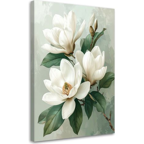 Toile Imprimée, Magnolias blancs à feuilles vertes sur fond clair,20x30 (1/4)