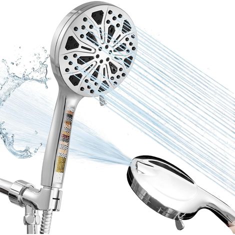 Pommeau de douche avec filtre anti-calcaire et douchette, pommeaux de douche à 10 réglages et filtres, pommeau de douche chromé réglable, pommeaux de douche et douchettes amovibles avec filtre argenté (1/5)