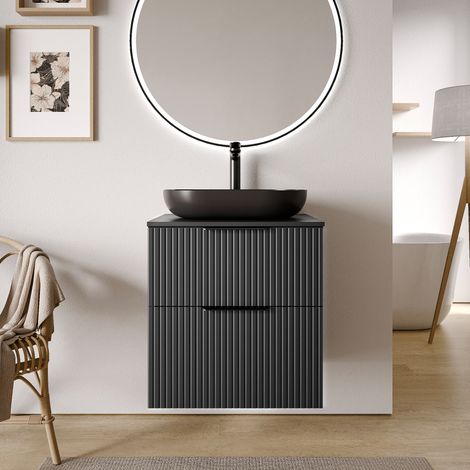 BERNSTEIN - Mueble lavabo suspendido MDF estriado negro mate 60x46x62cm, encimera de lavabo negro mate + tirador negro mate - TIM60 Negro mate, Negro mate, Perfilado negro mate