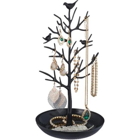 Porte Bijoux en Forme d'Arbre, pour Colliers, Boucles d'Oreilles, Bracelets, HxLxP 30 x 16 x 15 cm, Noir