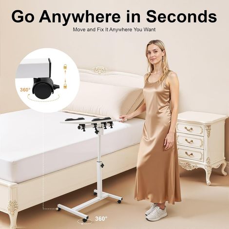 Adjustable Rolling Laptop Table, Mobile Computer Desk Stand with Wheels, 360° Tilt Split Desktop & C‑Frame, Height Adjustable MDF Laptop Stand for Bed Sofa Home Office, White (1/5)