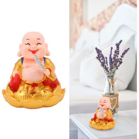 Figurine de Bouddha Maitreya à énergie solaire sur un socle en forme de lotus pour usage domestique, comprenant une statue de Bouddha en robe dorée, sensible à la lumière, qui hoche et s'évente automa (1/5)
