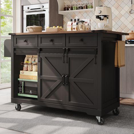 Chariot de cuisine, îlot de cuisine moderne, plan de travail pliable, chariot de service avec portes et tiroirs, armoire(noir,140x73x94cm)