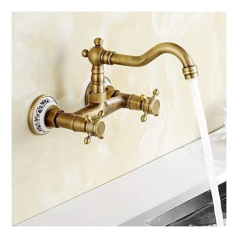 Robinet de cuisine Mur Robinet lavabo vintage avec céramique en laiton avec eau froide et chaude mélangeur d'évier antique (ancien) (1/4)