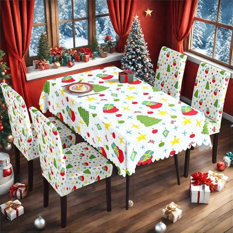 Ensemble de nappe et housse de chaise de Noël en soie de lait imperméable, imprimé, référence TC-238 (140 x 210 cm). (1/3)
