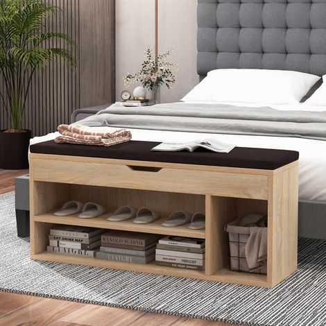 Banc à Chaussures Naturel pour 7 Paires, 3 Étagères et Coffre de Rangement, Coussin Amovible, 104x30x48cm CW5360 Maison Chic (1/3)