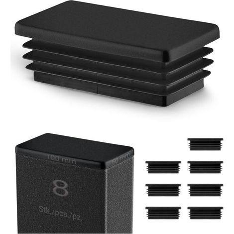 Bouchon pour Tube Rectangulaire 100x50 mm Noir,Embout Intérieur en Plastique,Pieds de Meuble, Structures Métalliques, Capuchon d’Obturation ,Lot de 8 (1/4)