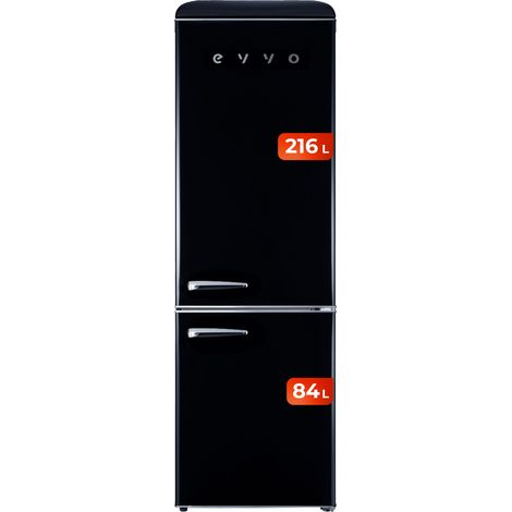 EVVO Frigorífico combi F55 Retro Negro, refrigerador 216 litros, congelador 84 litros, diseño vintage, cajón Crisper Zone, Turbo fan, libre de gas CFC, silencioso