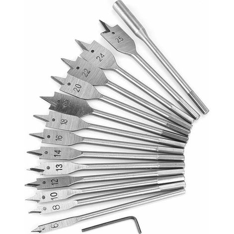 Carbon Steel Hexagonal Shaft Spade Flat Wood Drill Paddle Flat Bits Set 6-25 mm for Wood Drilling Power Tools Reusable Packaging Pack of 15 (1/5)