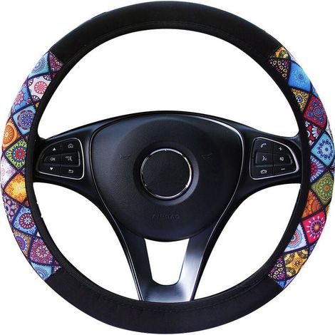 Lenkradbezug – Mikrofaser-Kunstleder – Mandala-Muster – Außendurchmesser 37 bis 39 cm – Schwarz-Mehrfarbig – 1 Stück (1/5)