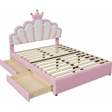 Cama infantil tapizada 140 x 200 cm con LED, 2 cajones y cabecero ajustable, rosa (1/5)
