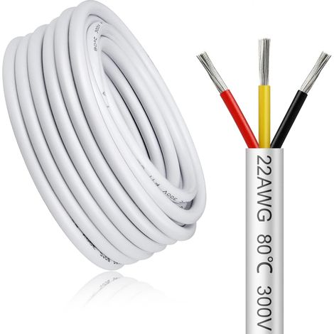 Câble électrique 30 mètres 22 AWG 3x0,3mm² à 3 conducteurs, blanc fil de cuivre étamé flexible, impédance faible, compatible alimentation LED 5V / 12V / 24V, résistance aux hautes températures (1/5)