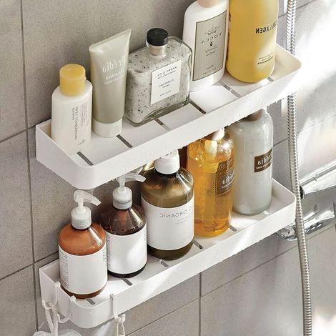 Scaffale da doccia, set di 2 mensole da doccia senza foratura, 40 cm bianco, mensola da doccia sospesa, con 5 ganci mobili, mensola da doccia a muro per bagno e cucina (1/5)