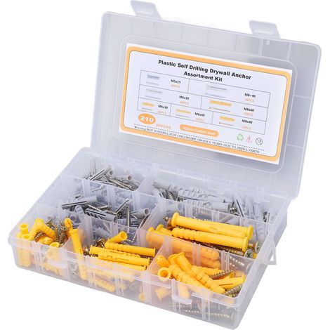 Lot de 210 vis autoforeuses tête fraisée cruciforme en acier au carbone avec chevilles nylon pour tringles à rideaux (1/5)