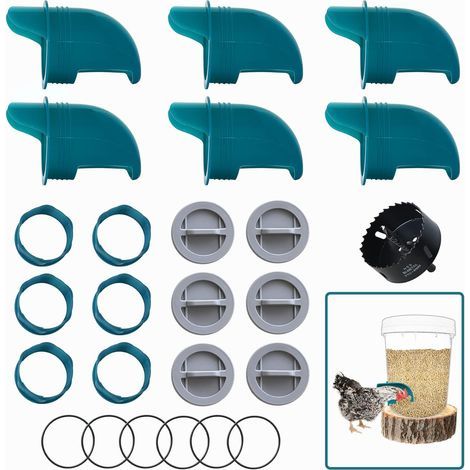 Six-Port Feeder + Hole Saw, Gravity System, BPA-Free Material, For Chickens, Ducks, and Geese (1/5)