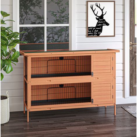 Jaula de doble planta para pequeños animales en madera de abeto, naranja, 136,4 x 50 x 93 cm HAVRYA (1/4)