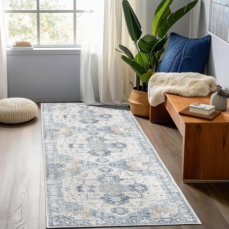 Tapis Couloir Salon Bleu Vintage 90x150cm, Tapis Interieur Entree Cuisine Paillasson à Poils Ras Anti-Dérapant Lavable en Machine (1/5)
