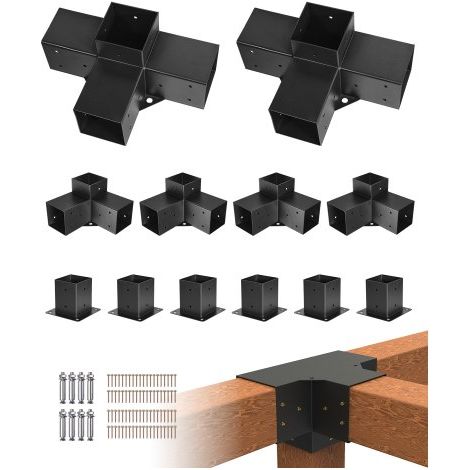 Pfostenverbinder, Pfostennecke für Posten mit einer Innengröße von 92x92 mm, 3-Wege- (4 Stk.) & 4-Wege- (2 Stk.) Pavillon-Halterungen mit 6 Pfostenträger, für Pergolen, Pavillons