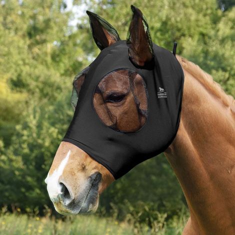 Masque anti-mouches en lycra pour cheval, Full (Large), Noir piano.