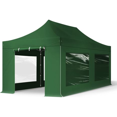 3x6m gazebo pieghevole con laterali (finestre panoramiche), PREMIUM acciaio, verde scuro (1/5)